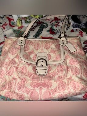 Coach Pink Signature Canvas Shoulder Tote with Cream Trim